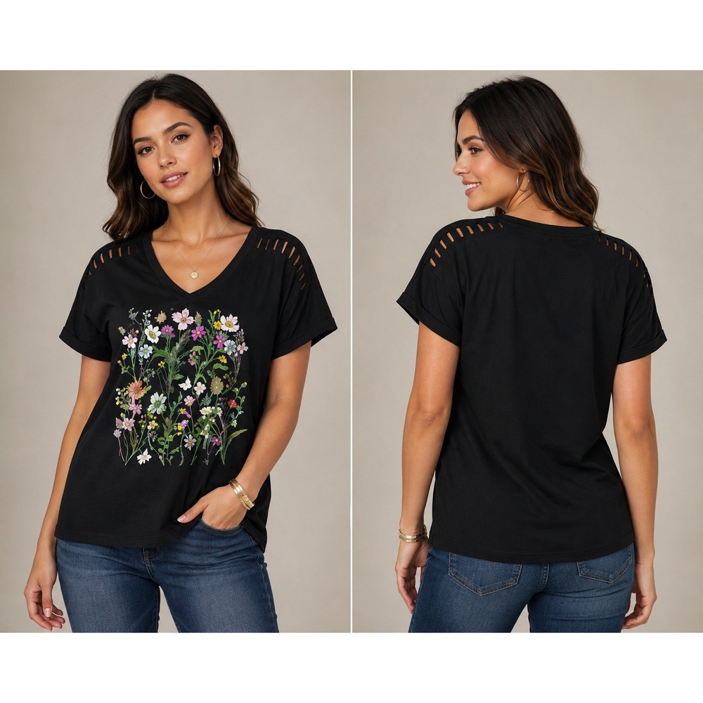 Unbrandedβ Floral Graphic T-Shirt Women Small Black Ladder Shoulder V-Neck Tee